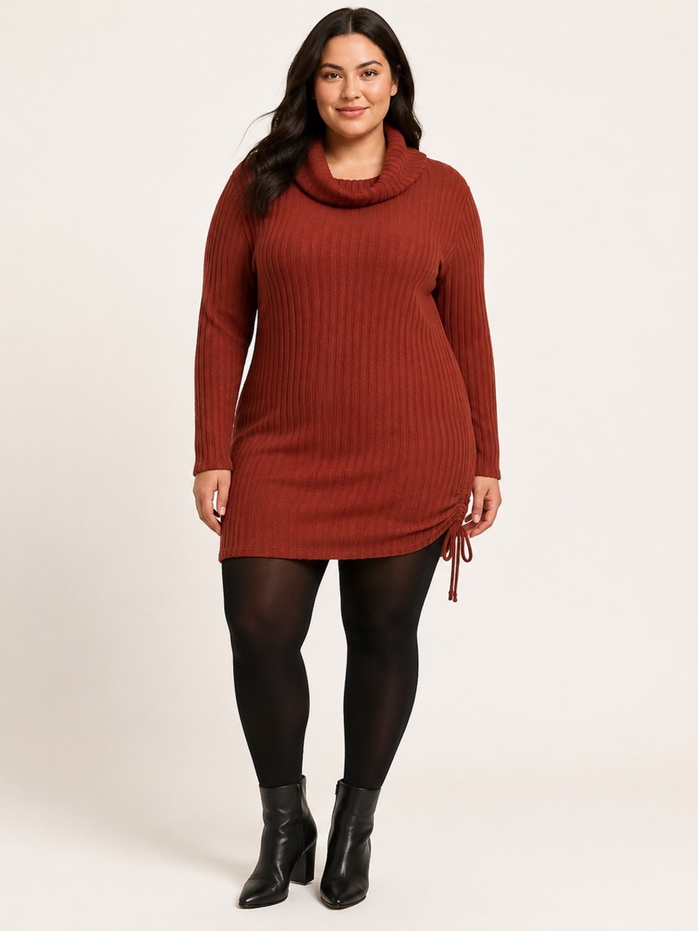 Revamped Rust Ribbed Cowl Neck Ruched Sweater Dress L